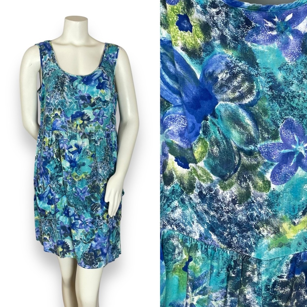 Vintage 90s Babydoll Dress‎ Sleeveless Relaxed Fit Pockets Blue Green Tropical